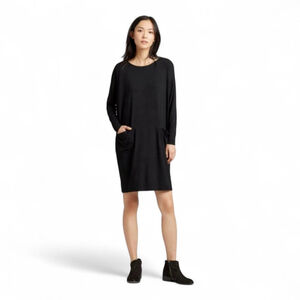 Eileen Fisher Tencel Jersey Two Pocket Oversized Black Shift Dress Sz XS
